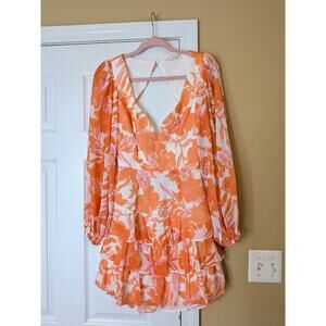 One and Only Collective Orange Floral Backless Tiered Mini Dress Size Small